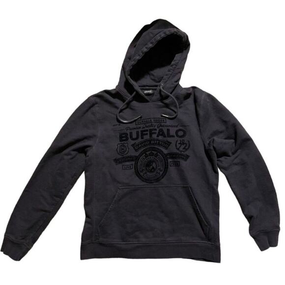 Buffalo David Biton Cotton Velour Logo Pullover Hoodie Kangaroo Pocket SZ M Gray - Picture 1 of 11